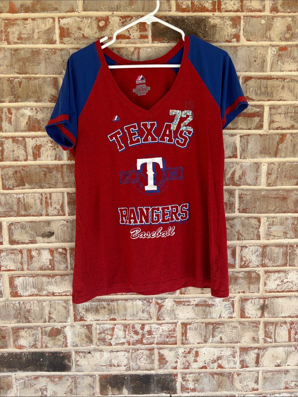 Majestic Red & Navy V-Neck Texas Rangers Baseball Tee
